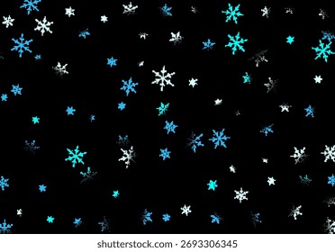 Pixel Schneeflocken auf schwarzem Hintergrund für Weihnachts-Grußkarte. Winterschneefall im 8bit Pixel-Stil