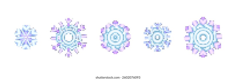 Pixel snowflakes in a row. Winter theme with blue and purple colors. 3d set snowflakes instyle Pixel art on the white background