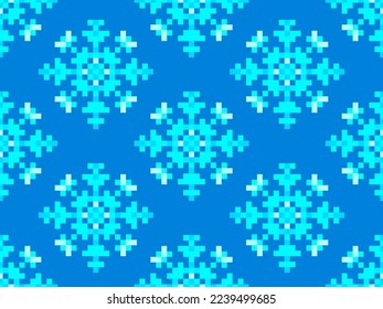 Pixel snowflakes seamless pattern. Christmas winter background in pixel art style. 8 bit graphics in the style of video games of the 80s. Vector illustration