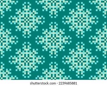 Pixel snowflakes seamless pattern. Christmas winter background in pixel art style. 8 bit graphics in the style of video games of the 80s. Vector illustration
