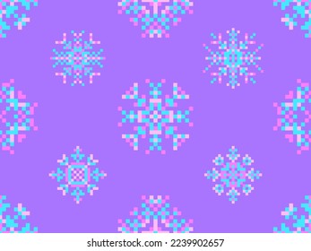Los copos de nieve de Pixel se hacen sin costuras. Fondo de invierno navideño en el estilo de arte de píxeles. Gráficos de 8 bits al estilo de los videojuegos de los 80. Ilustración del vector