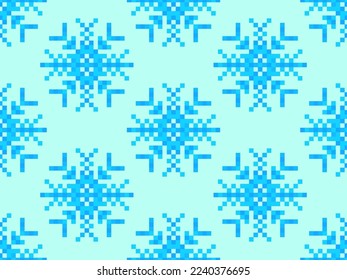 Pixel snowflakes seamless pattern. Christmas winter background in pixel art style. 8 bit graphics in the style of video games of the 80s. Vector illustration