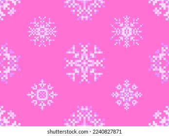 Pixel snowflakes seamless pattern. Christmas winter background in pixel art style. 8 bit graphics in the style of video games of the 80s. Vector illustration