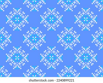Pixel snowflakes seamless pattern. Christmas winter background in pixel art style. 8 bit graphics in the style of video games of the 80s. Vector illustration