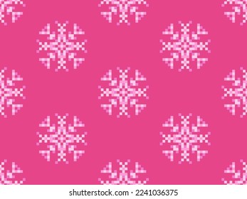 Pixel snowflakes seamless pattern. Christmas winter background in pixel art style. 8 bit graphics in the style of video games of the 80s. Vector illustration