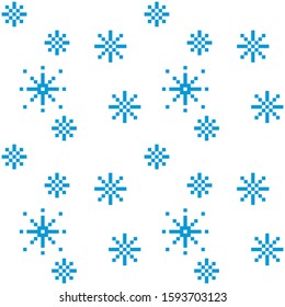 Pixel snowflakes seamless pattern on white background. Snowy weather.Vector illustration.