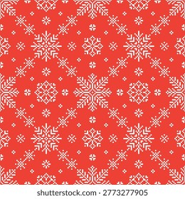 Pixel snowflakes seamless pattern. Winter christmas holiday cross stitch or knitted ornament with white snowflake on red. Print textile, tidy vector background