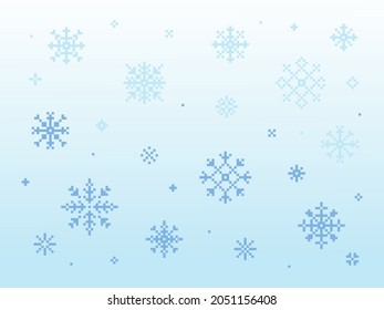Pixel snowflakes set. Pixel art blue and white snowflakes for pattern, background, decoration, paper, game, textile. Pixelated flakes of snow elements vector illustration collection.
