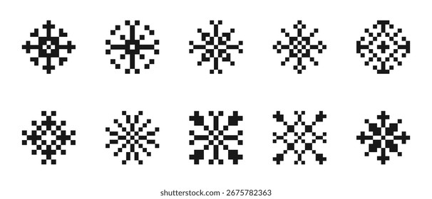Pixel snowflakes set. Snowflakes geometric shapes. Retro 8 bit pixelated snowflakes. Minimalist pixel elements