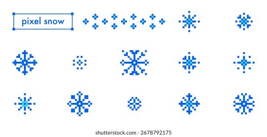 Pixel snowflakes set on white background. Blue geometric shapes, minimal patterns, crystals, ice, snow. Retro game 8 bit winter elements for nostalgic digital design and Christmas holiday decorations