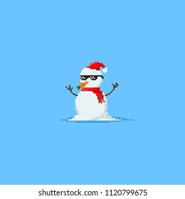 Pixel snowman wear sunglasses.8bit character.