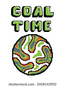 Pixel diseño de la pelota de fútbol con el texto Tiempo de gol. Ilustración de píxeles con bola. 8 bits de impresión de fútbol