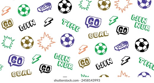 Pixel soccer ball seamless pattern with text Goal time, go, win, lightning sign, football soccer. Pixel repeat print with balls. 8 bit football print