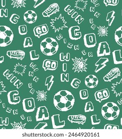 Pixel soccer ball seamless pattern with text Goal time. Football soccer ornament. Pixel repeat print with balls, football shoes, arrow. 8 bit football print