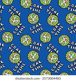 Pixel soccer ball seamless pattern. 8 bit football sign ornaments in a flat design. Pixelated illustration pf sport ball. Phrase Goal time 