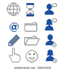 Pixel social media icon set. Old school computer graphic style.