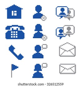 Pixel social media icon set. Old school computer graphic style.