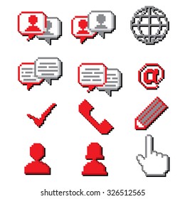 Pixel social media icon set. Old school computer graphic style.