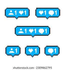 Pixel social media interface like, comment, follower. Pixel Art 8-bit social networking notification buttons shape.