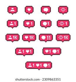 Pixel social media interface like, comment, follower. Pixel Art 8-bit social networking notification buttons shape.