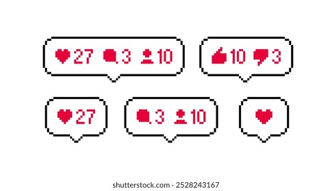 Iconos de notificación de publicación de redes sociales de píxeles conjunto de likes, dislikes y seguidores, comentario. Vector de píxeles perfecto aislado en blanco