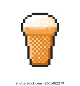 Pixel soft ice cream in a waffle cup isolated on transparent background. Pixelated badge, game asset or computer arcade item. Vanilla ice cream icon. Vector pixel art illustration in 16 bit old style.