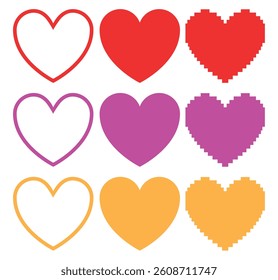 Pixel, Solid and Outline Heart Icon Set. Colorful Retro Love Symbols for Valentine, Digital Stickers and Game Design.