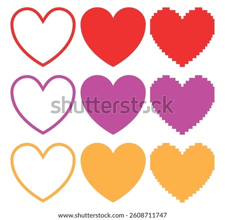 Pixel, Solid and Outline Heart Icon Set. Colorful Retro Love Symbols for Valentine, Digital Stickers and Game Design.