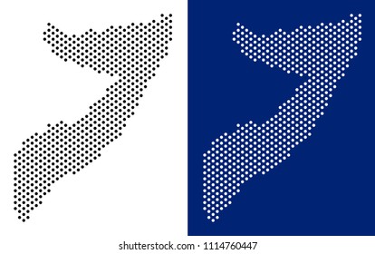 Pixel Somalia map. Vector geographic map on white and blue backgrounds. Vector collage of Somalia map combined with round dots.