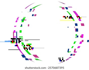 Pixel sorting effect creating colorful abstract circular shapes with glitches and distortions on a clean white background, ideal for digital art, graphic design, and modern technology projects