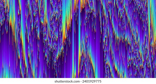 Pixel sorting style background with wavy holographic iridescent lines. Geometric trendy grunge pixelart design. Colorful dynamic distorted motion digital noise glitched texture. Vector illustration