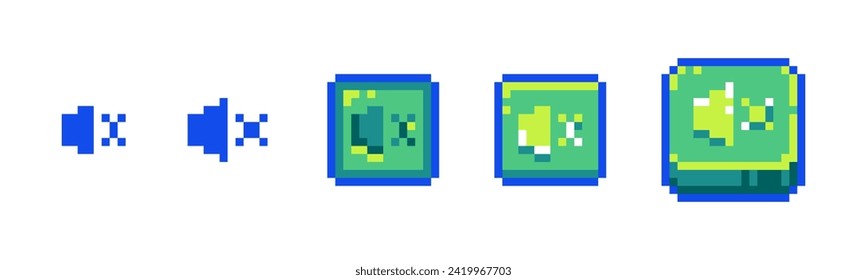 Icono de silenciamiento de sonido de píxeles establecido para la interfaz de usuario del juego retro. Botones de modo silencioso y sonido de estilo retro de 8 bits desactivado