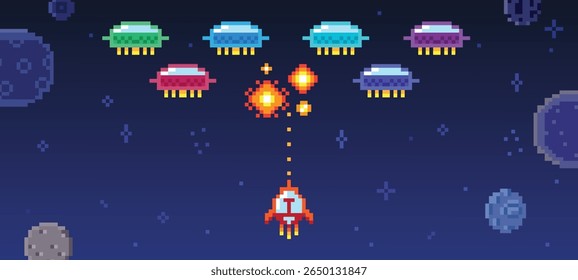 Pixel espaço arcade jogo. Nave espacial atira em alienígenas coloridos, monstros de estilo 8 bits, planetas, explosões de fogo. Ufo estilo retro, batalha neoteric vetor cena