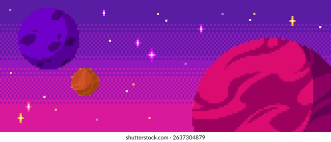 Pixel space background set - planets, stars and nebula clouds in vibrant colors. Retro 8 bit gaming sprites and pixelated cosmic elements. Minimalist aesthetic meshes for nostalgic galaxy game.