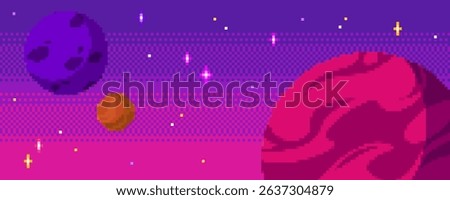 Pixel space background set - planets, stars and nebula clouds in vibrant colors. Retro 8 bit gaming sprites and pixelated cosmic elements. Minimalist aesthetic meshes for nostalgic galaxy game.