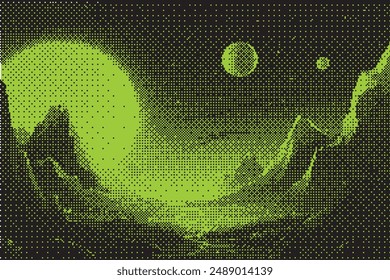 Pixel space background, vector bitmap game alien planet surface, retro futuristic moon landscape. Environment old computer green level UI galaxy view, dot texture. Pixel space night sky neon scene