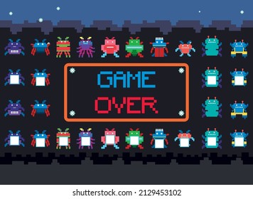 Pixel space game interface with game over button illustration