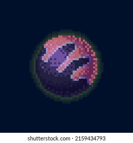 Pixel space planet galaxy globe sphere with crater in purple violet colors. Vector 8 bit game design element, alien world globe icon. Celestial body in atmosphere, planet of solar system in pixel art