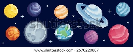 Pixel space planet set with 8 bit moon, Saturn rings and Earth globe for cosmic game design. Colorful celestial bodies, Mars and Jupiter with stars. Retro galaxy sprites for astronomy adventure.