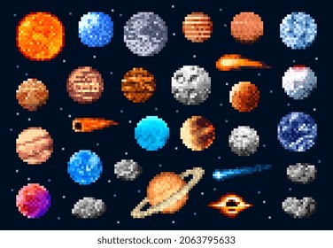 Pixel space planets and stars, asteroids and comets. Universe galaxy satellite and meteorite retro 8bit game icons. Vector retro astronomy objects in space, pixel art fantasy and solar system planets