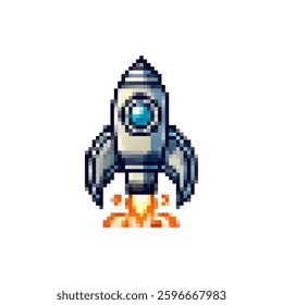 Pixel space rocket icon. Space travel logo. Stylish retro rocket launch icon. Spaceship vector. Rocket flame. Space shuttle icon. Game development icon.