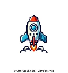 Pixel space rocket icon. Space travel logo. Stylish retro rocket launch icon. Spaceship vector. Rocket flame. Space shuttle icon. Game development icon.