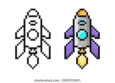 Pixel spaceship in retro style. Vector illustration rocket