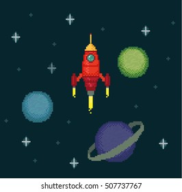 Pixel spaceships in space with stars and planets