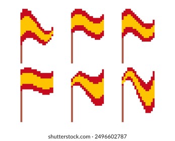 Pixel Spain flag icon set isolated on white background. Waving flag of Spain in 8-bit retro graphics style from the 80s. Design in pixel art style for banners and posters. Vector illustration