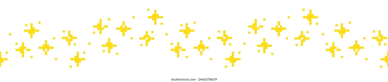 Pixel sparkling golden stars seamless border. 90s 8 bit game style glitter graphic element for branding, packaging, prints. Trendy modern retro vector illustration isolated on transparent background