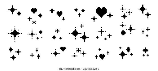 Pixel sparkling star in pixel art style. Glitter stars. Sparkles. Heart. Mood of 90's aesthetics. 8-bit retro style vector illustration. Simple geometric shape for poster, collage. Vector elements