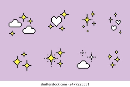 Pixel sparkling star. Glitter stars. Sparkles. Heart. Pixel art style set. Mood of 90's aesthetics. 8-bit retro style pixelated vector illustration. Simple geometric form. Shining icon collection