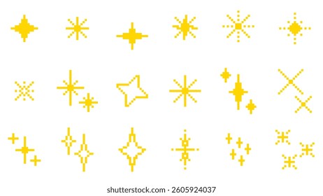 Pixel sparks, stars, shimmers, particles, glitter set. Retro style, yellow pixel game graphic elements clip art. Vector