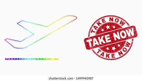 Pixel spectral airplane departure mosaic pictogram and Take Now seal stamp. Red vector rounded textured seal stamp with Take Now title. Vector collage in flat style.
